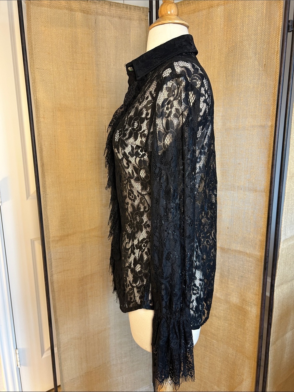 Tasha Polizzi Estate Black Sheer Lace Blouse dramatic bell cuffs Size Small - Picture 6 of 16